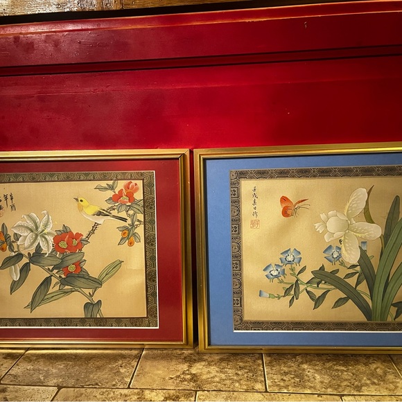 Set Of 2 Vtg Chinese Hand Painted Silk Woven Signed stampedBird & Butterflies